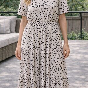 DR2 Dalmatian Print Midi Dress Size Large Black Cream Tiered Short Sleeve